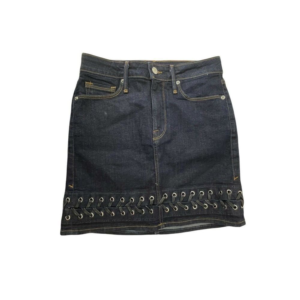Good American Denim Mini Skirt Blue Womens Size 0 / 25 Waist Laced Detail Pencil